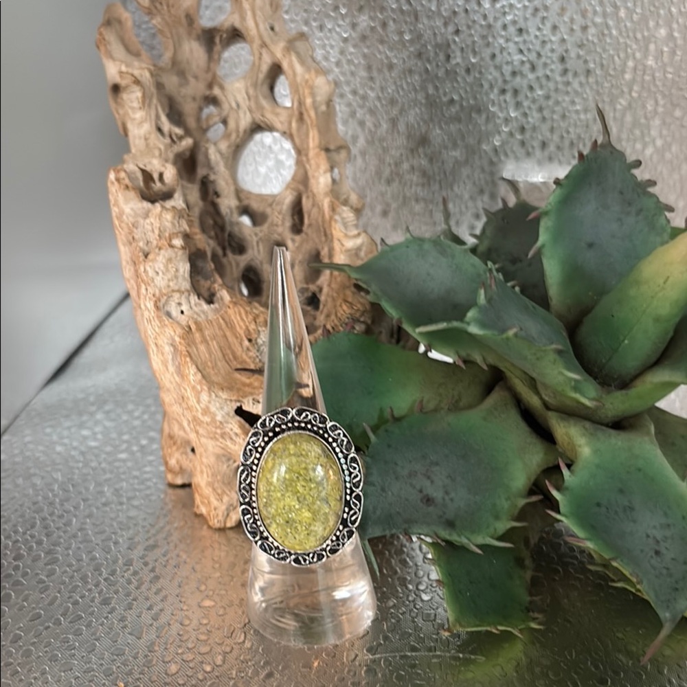 Sterling Silver Australian Opal Ring with a Yellow-Green Gemstone